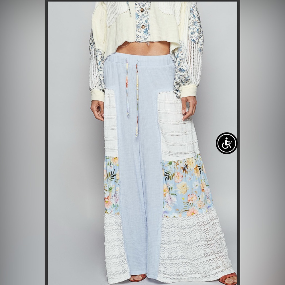 POL BOHO Patchwork Pants with Floral Accents